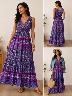 Women’s Boho Maxi Dress Purple Blue Paisley Sleeveless Size 8